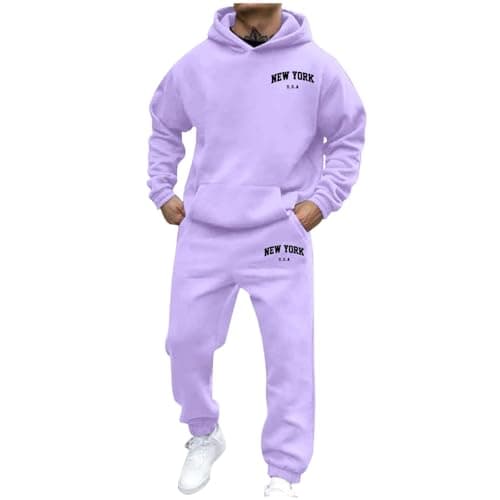 Men's 2 Piece Linen Sets Fleece Zip Hoodie Top Bottoms Jogging Joggers Gym Casual Exercise Running Sport Sweat Suit Pants Plus Sizes Loungewear for Travel Winter Tracksuit for Men UK Light Purple