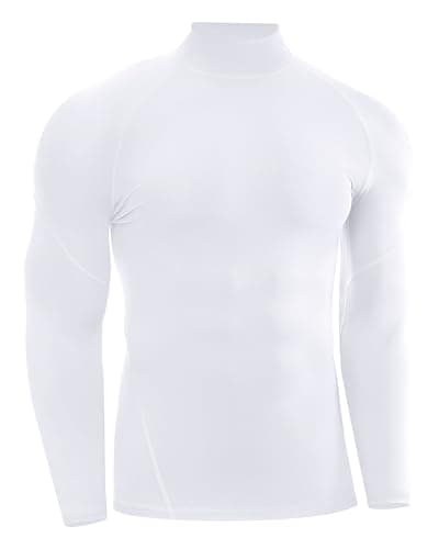 Runhit Men's White Long Sleeve Compression Base Layer T Shirt, Quick Dry Running Top Mock Turtleneck Breathable Thermal Football Underlayer for Gym Workout Fitness Training Work Sports L