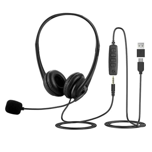 Universal Connection Headphones Noise Cancelling Microphone Over-Ear Double Hearing Ports for Work and Home USB C Adapter Headset with Mic Control