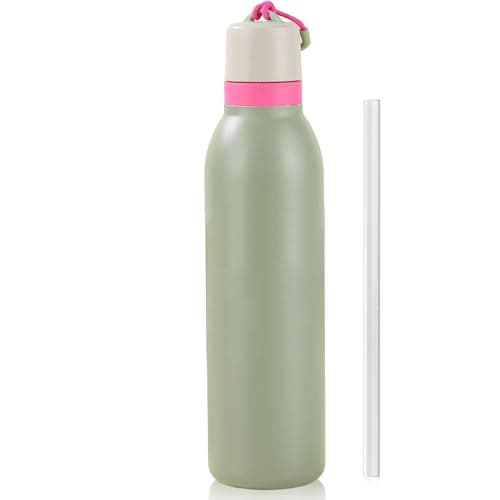 24oz Insulated Water Bottle with Straw & Strap, Stainless Steel Double Wall Vacuum Flask, Reusable Thermal Flask for Keeps 24H Cold/12H Hot, Leakproof BPA-Free for Travel, Gym, Hiking (Army Green)