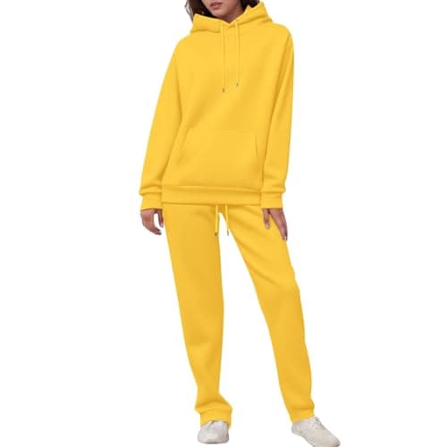 ziubauyke Womens Tracksuit Full Set Two Piece Long Sleeve Hoodie And Cuffed Sweatpants Outfits Lounge Wear Sets Ladies Fall Winter Co Ord Sets Solid Color Casual Travel Activewear Yellow — view 5