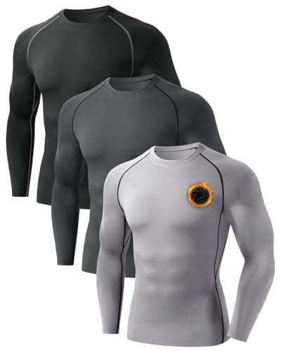 Orrfreer 3 Pack Men's Thermal Long Sleeve Top Fleece Lined Thermal Underwear Quick Dry Compression Base Layer for Football Running,Moisture Wicking Breathable Muscle Support Black/Charcoal/Grey M
