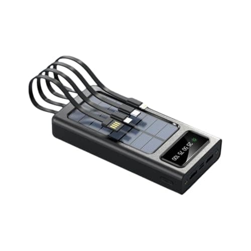 Solar Power Bank, with Built-in Cables, LCD Display, 5-Device Charging, Black/White (Black, Milliamp Hours, 30000.0)