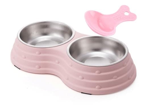 Double Dog Bowls,Removable Stainless Steel Pet Double Bowls (Small, Pink)