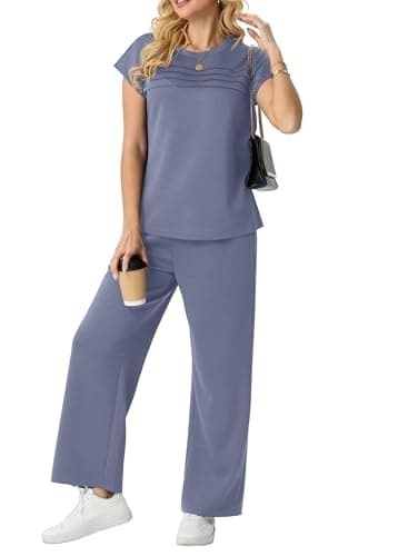 GRECERELLE Two Piece Outfits Women Summer Travel Vacation Tracksuit Womens Full Set Short Sleeve Casual Crew Neck Cap Sleeve Front Plisse Matching Sets Wide Leg Pants (Haze Blue, S)