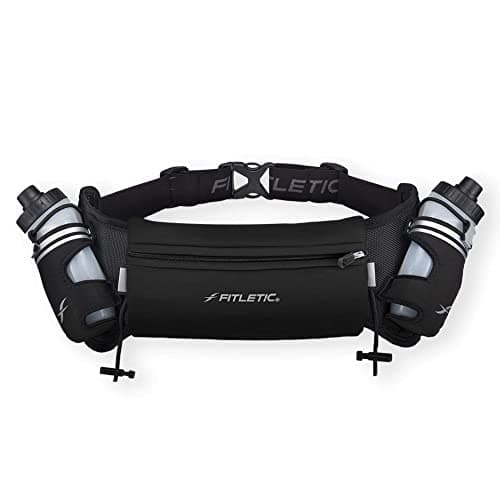 Fitletic Hydration Running Belt with Water Bottles (2x 250ml) Bum Bag with Adjustable Strap and Running Gels Holder Ideal Waist Bag for Outdoor Activities Phone Holder for Men and Women (L/XL) (Black)