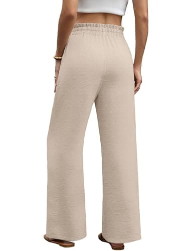 WIHOLL Wide Leg Palazzo Trousers Casual Summer Women's Clothing Elastic Drawstring Waist Soft Light Pants with Pockets for Beach Travel Daily Wearing Size 10-12 Beige M — view 5