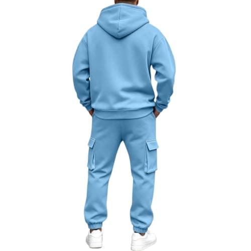 Mens Sweatsuit 2 Piece Set Pullover Hoodie Cargo Joggers Mens Tracksuit Jogging Suit Gym Workout Loungewear workout sets for men UK for city breaks Light Blue L — view 5