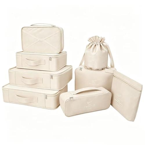 BETLLEMORY Packing Cubes 8 sets Travel Luggage Organizers with Waterproof Shoe Storage Bag Compression Pouches (Beige)