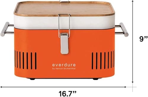 Everdure by Heston Blumenthal Cube Portable Charcoal BBQ Grill – Compact Travel Barbecue with Bamboo Tray, Chrome Rack, Porcelain Enamel Firebox & Cool Touch Handles – Outdoor Camping BBQ in Orange — view 2