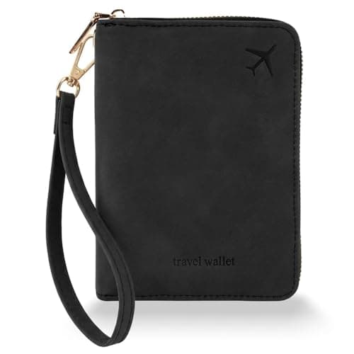 Jdbefuy Passport Holder Travel Wallet, RFID Blocking PU Leather Document Organiser with Secure Zipper Closure and Wrist Strap, Waterproof Holiday Travel Essentials for Men and Women (Black)