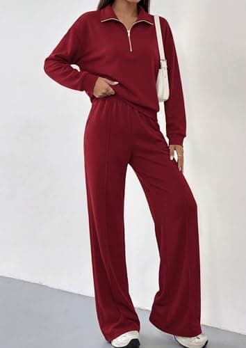 PRETTYGARDEN Womens 2 Piece Workout Sets 2026 Fall Half Zip Pullover Sweatshirt Sweatpants Matching Travel Outfits Sweatsuits, Burgundy, Medium — view 2