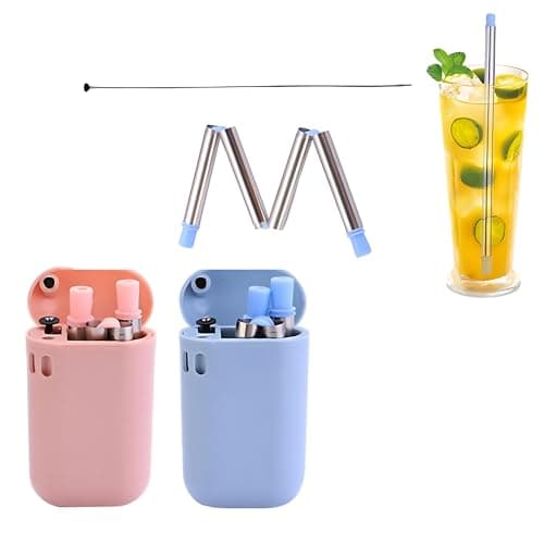 2 x His and Hers Collapsible Straw with Travel case (Stainless Steel) | Pink and Blue Foldable Straws | Reusable Environmentally Friendly Drinking Straw with Bonus Cleaning Brush | Portable Metal