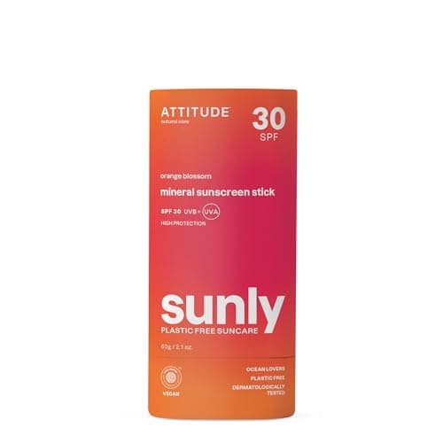 ATTITUDE Mineral Sunscreen Stick with Zinc Oxide, SPF 30, EWG Verified, Plastic-Free, Broad Spectrum UVA/UVB Protection, Dermatologically Tested, Vegan, Orange Blossom, 60 g
