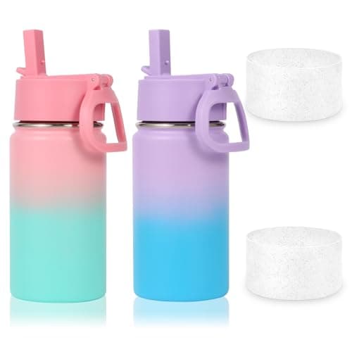Volhoply 410ml 14oz Water Bottle with Straw Lid and Silicone Boot Bulk 2 Pack,Stainless Steel Insulated Tumbler for Boys & Girls Multipack,Double Wall Vacuum Leakproof Kids Bottles(Mix,2)