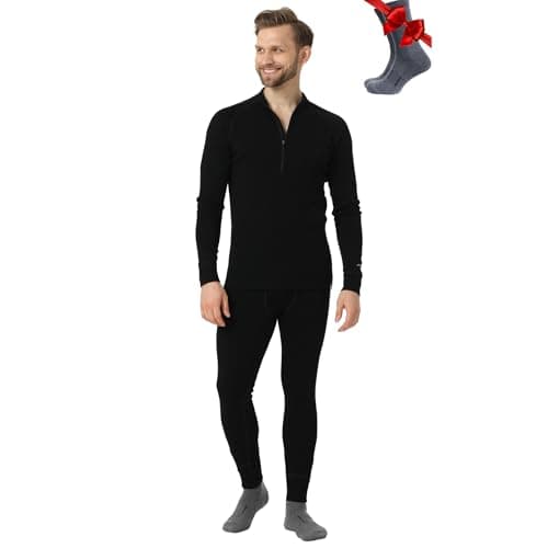 100% Merino Wool Base Layer Men Set - Thermal Underwear Mens + Hiking Socks (Medium, 250 Black Z Set)
