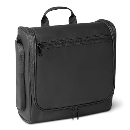 Amazon Essentials Travel Toiletry Bag with Hanging Hook - Portable Cosmetic Case, Large Capacity Door Room Essentials Travel Organizer for Full Sized Cosmetics and Toiletries, 25.4 cm, Black
