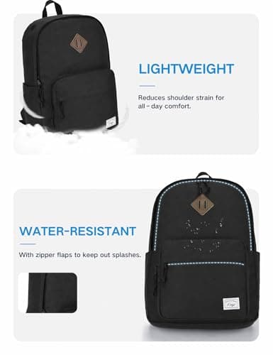 Kasgo 17.8L Lightweight School Backpack for Teens & Adults, Black — view 5