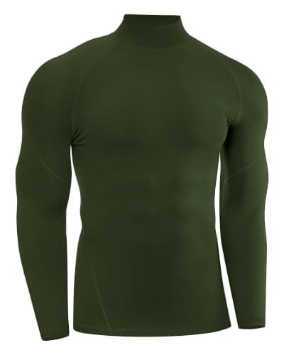 Runhit Olive Green Compression Shirt Men Mock Turtle Neck Long Sleeve T Shirt Fishing Work Motorcycle Ski Training Sports Top Summer Stretchy Tee Slim Fit M