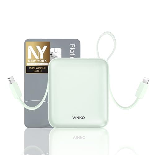 VINKO Small Power Bank with Built-in Cable,10000mAh Fast Charging Power Bank, 22.5W USB C Portable Charger, Mini Battery Pack for iPhone 16 15 14 13 Samsung Galaxy Google Android (Green)