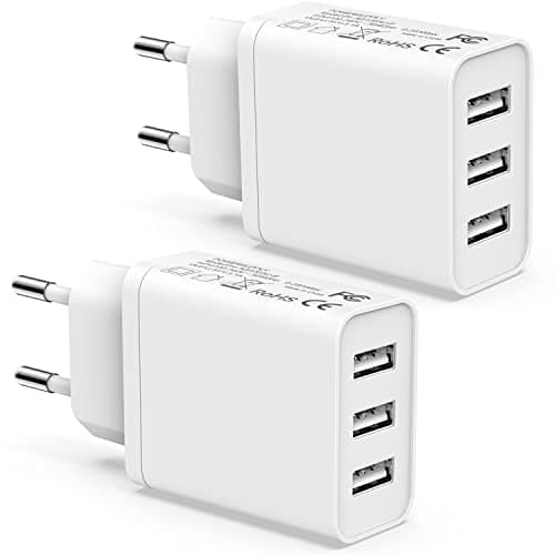 EU Travel Adapter Charger 2Pack, UK to European Plug Adapter Europe Travel Adapter EU with 3 USB A European Wall Adaptor for France Spain Portugal Germany Compatible with iPhone iPad Samsung