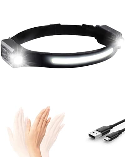 humpun LED Head Torch Rechargeable, 1200LM LED Headband Torch, 2 Spot Light, 12 Hours Runtime 5 Lighting Modes, Lightweight Headlight with Motion Sensor, IPX4 Waterproof for Running(Black, 1 Pack)