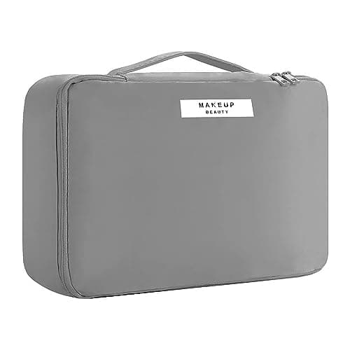 Travel Makeup Bag [with Brushes Holder & Detachable Pouch] Cosmetic Bag Large Capacity Waterproof Makeup Case Storage Organiser for Women & Girls (Grey)