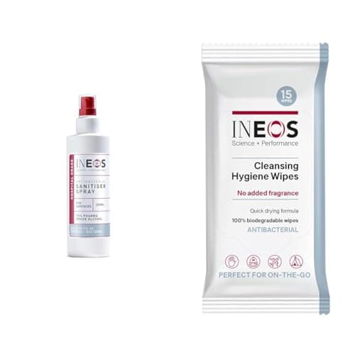 INEOS - Sanitiser Spray (250 ml) - Antibacterial Hand Sanitiser - 75% Pharma Grade Alcohol Based - Hospital Formula + Cleansing Hygiene Wipes x15, Packaging May Vary