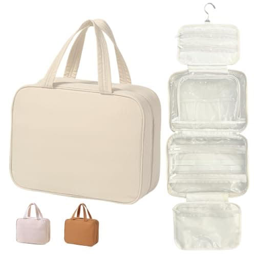 Large Hanging Travel Toiletry Bag for Women, Full Size Wash Bag,Beige