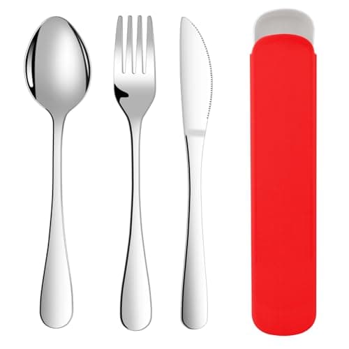 ABOHU Cutlery Set with Portable Pouch Case, 3 Piece Stainless Steel Flatware Set, Tableware Silverware Set with Spoon Knife and Fork Set, Mirror Polished, Dishwasher Safe - Red