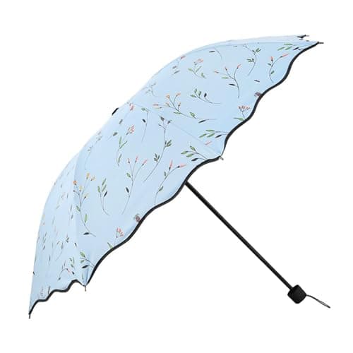 Constprog Women's Folding Floral Sun Umbrella Portable UV Protection Ladies Sun Parasol Windproof Strong Compact Umbrella Summer UPF 50+ Lightweight Travel Garden Sun Rain Umbrellas (Blue)