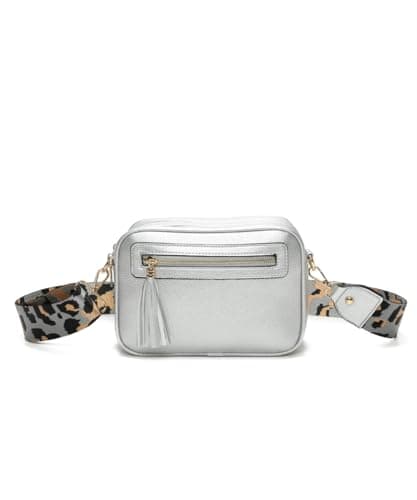 Fontanella Fashion Women's Tassel Front and Back Zip Messenger Camera Wide Guitar Strap Shoulder Handbag Crossbody Bag-SILVER