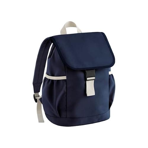 BagBase Kids Adventure Backpack – Navy, Recycled Polyester, Contrast Styling, Elasticated Side Pockets, Fold-Over Flap with Buckle & Drawstring Closure, Adjustable Straps, Made for Decoration