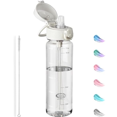 GOPPUS 500ml/17oz Clear Tritan Water Bottle with Straw Transparent Childrens Drinks Bottle with Carrying Handle See Through Measured Kid Bottles with Flip Top Lid Leakproof BPA Free (Clear)