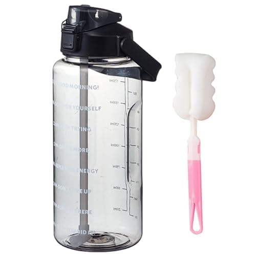 2L Water Bottle with Straw,Clear Leakproof Sports Bottle with Time Markings,Portable Handle Drink Bottles,Heat Resistant Motivational Jug for Gym Hiking Ensure Drinking Throughout The Day (Black)