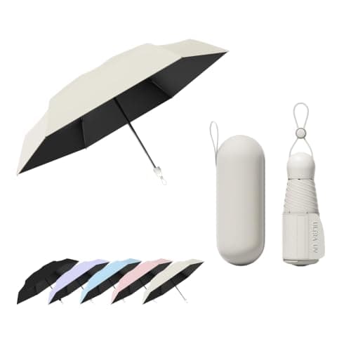 Travebo Mini Travel Folding Umbrella With Retractable Rope and Wide Umbrella Strap, Portable, Small Compact, Case, Water Proof, UV Protection,Sun Rain, 240g, 6 Ribs,Child Women