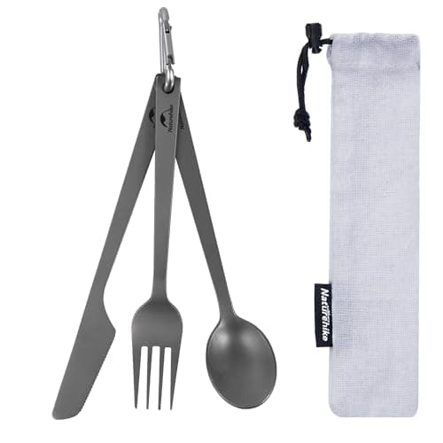 Naturehike Titanium Camping Cutlery Set - Lightweight Camping Cutlery for One - Knife, Fork and Spoon Set with Carabiner and Bag for Hiking and Travel