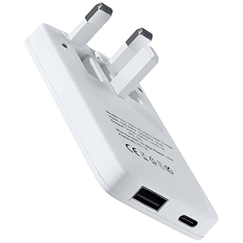 TWICK 20W Ultra Slim USB-C PD & USB QC 3.0 Fast Charger Folding UK Plug | USB Travel Adapter | for iPhone 16/15/14/13/12/11, for iPad, for Samsung Galaxy S24/23/22/S21/20/10/Z/Note 20/Ultra+ (WHITE)