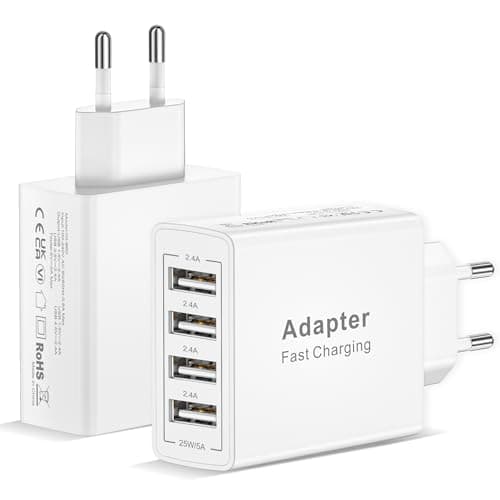 2 Pack EU Travel Adapter Charger UK to European Plug Adapter, Europe Travel Adapter EU with 4 USB A, European to UK Plug Adaptor for France Spain Portugal Germany Iceland Greece Denmark Turkey, etc