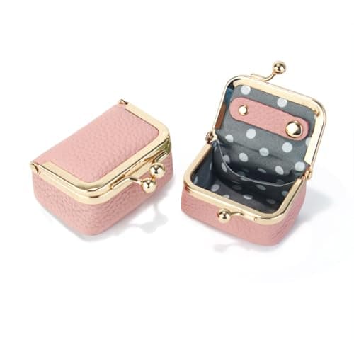 Nefokfdus Genuine Leather Mini Jewelry Box Coin Purse for Women,Solid Color Kiss Lock Jewelry Case Organizer,Mini Travel Ring Box, Pink, Pouch