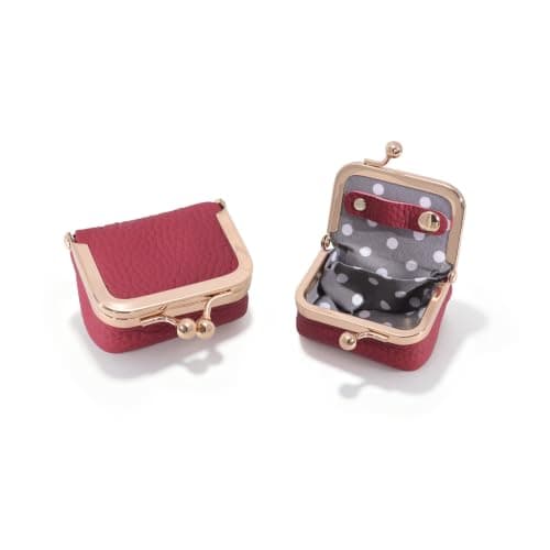 Nefokfdus Genuine Leather Mini Jewelry Box Coin Purse for Women,Solid Color Kiss Lock Jewelry Case Organizer,Mini Travel Ring Box, Wine Red, Pouch