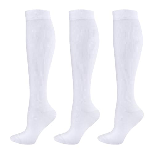 YUEDGE 3 Pairs Compression Socks for Women, White Travel Flight Socks, Compression Support Stockings for NHS Workers, Pregnancy, Running, Cycling, Activewear, Size 4-7