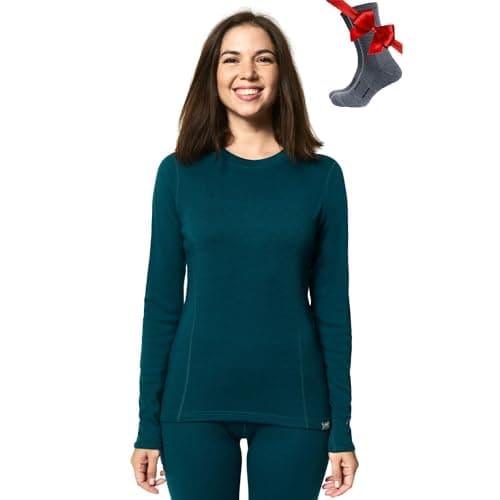 100% Merino Wool Base Layer Womens - Long Sleeve Thermal Shirts + Socks (Medium, 320 Deep Teal)