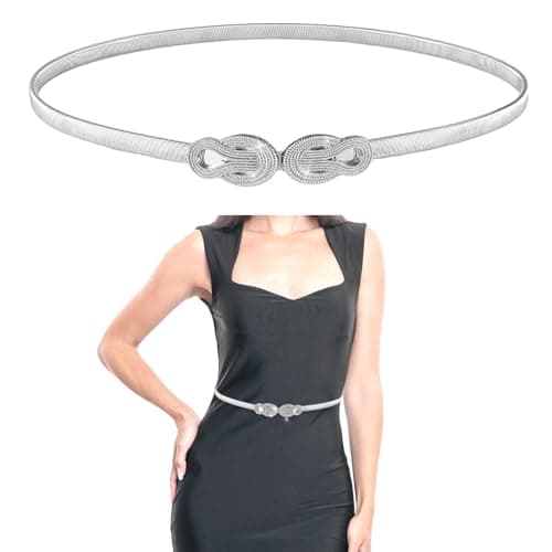 Amaxiu Elastic Skinny Waist Belt for Women - Metal Thin Versatile Stretch Chain Dress Belt - Silver Ladies Accessory