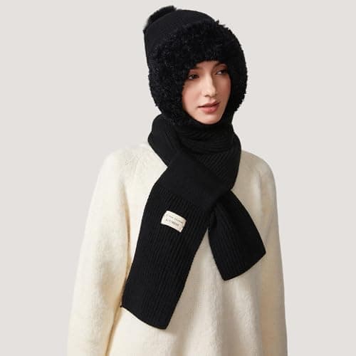 TAGVO Winter Slouch Knit Hat & Scarf Women, Multifunction Thermal Elastic Wooly Snood Hood Beanie Hat in Soft Fleece with Hairball, 2 in 1 Windproof Full Face Mask Neck Warmer Protection For Ladies — view 6