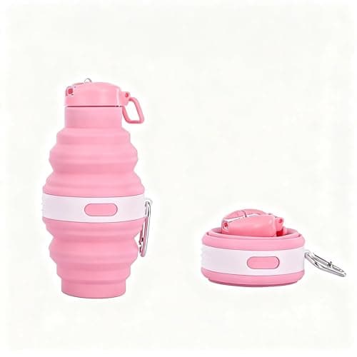 Embhlitfe Collapsible Water Bottle,Silicone Folding Water Bottles Foldable Water Bottle with Carabiner,Silicone Water Bottle for Women Men Sports Travel Hiking Camping Outdoor Activities (Pink)