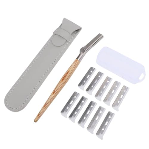 Generic Precision Eyebrow Trimmer with Wooden Handle, Safety Mesh Guard, Complete Travel Kit, 10 Refill Heads, Ideal for Daily Grooming Needs (Long Wooden Handle Eyebrow Trimmer + Refills)
