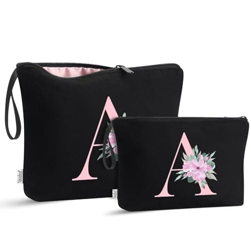 Vavabox 2Pcs Initial Toiletry Bags Set Birthday Gifts for Women (A, Black)