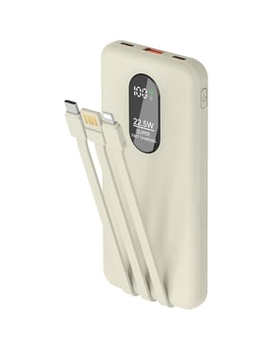 Odetrik 10000mAh Power Bank 22.5W Fast Charging Portable Charger Type-C In/Out 5 Outputs 3 Inputs with Built-in Cables Slim LCD Display Battery Pack for Smartphone Tablet and More (Beige)