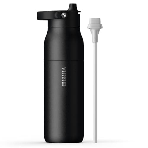 BRITA LARQ Essential Drinking Bottle with Straw Black (1000ml) Stainless Steel Water Bottle, Double-Walled Insulation (24h Cold), with Detachable Soft-Touch Handle, Dishwasher Safe